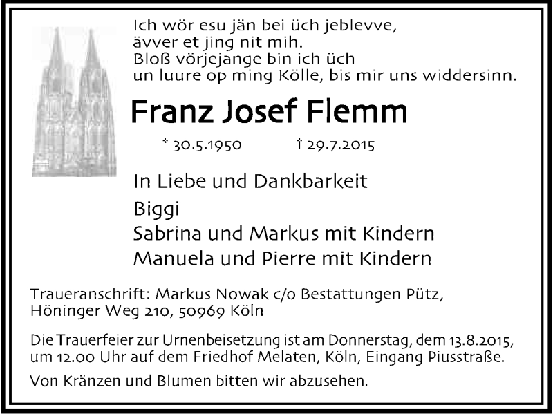  Traueranzeige für Franz Josef Flemm vom 08.08.2015 aus Kölner Stadt-Anzeiger / Kölnische Rundschau / Express