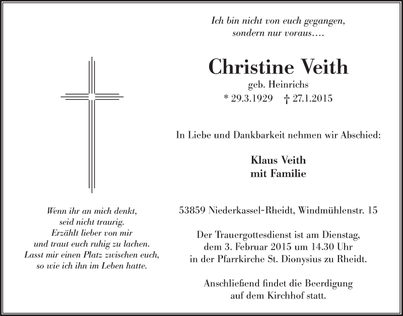  Traueranzeige für Christine Veith vom 31.01.2015 aus  Rhein-Sieg-Wochenende 