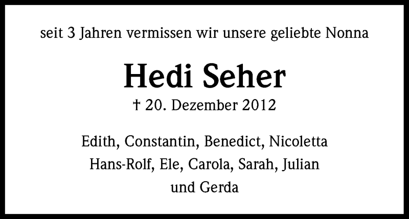  Traueranzeige für Hedi Seher vom 18.12.2015 aus Kölner Stadt-Anzeiger / Kölnische Rundschau / Express