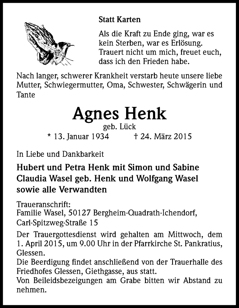  Traueranzeige für Agnes Henk vom 28.03.2015 aus Kölner Stadt-Anzeiger / Kölnische Rundschau / Express