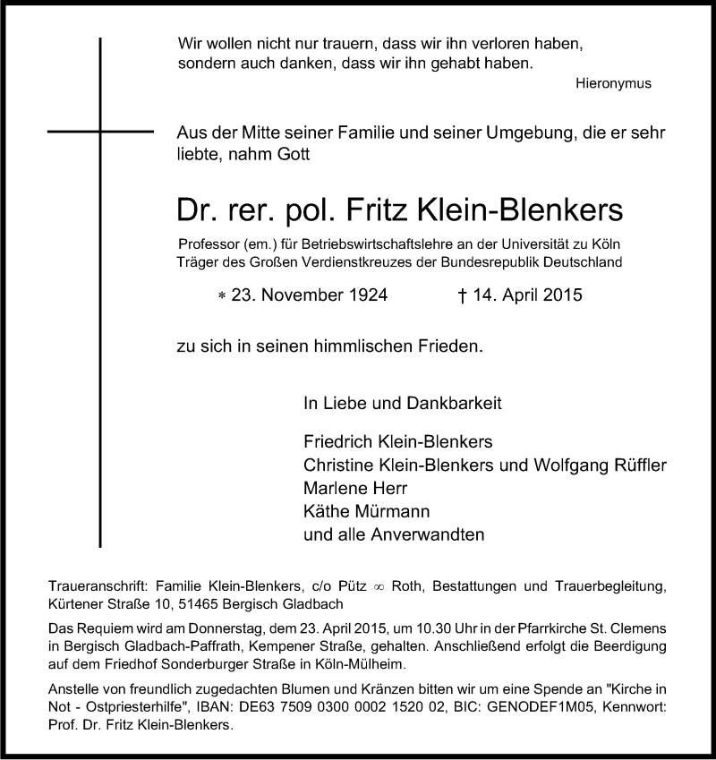 Traueranzeige für Fritz Klein-Blenkers vom 21.04.2015 aus Kölner Stadt-Anzeiger / Kölnische Rundschau / Express