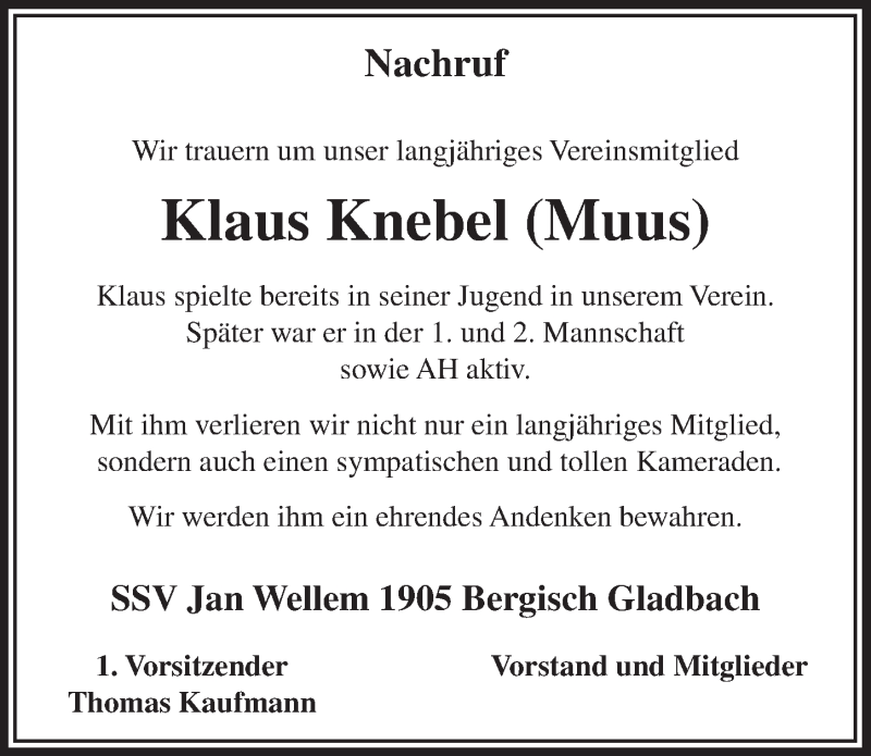  Traueranzeige für Klaus Knebel vom 07.03.2015 aus  Bergisches Sonntagsblatt 