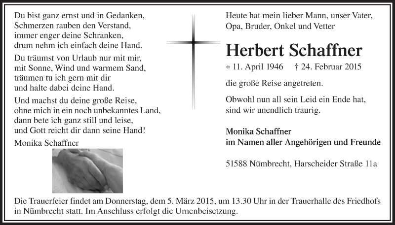  Traueranzeige für Herbert Schaffner vom 04.03.2015 aus  Lokalanzeiger 