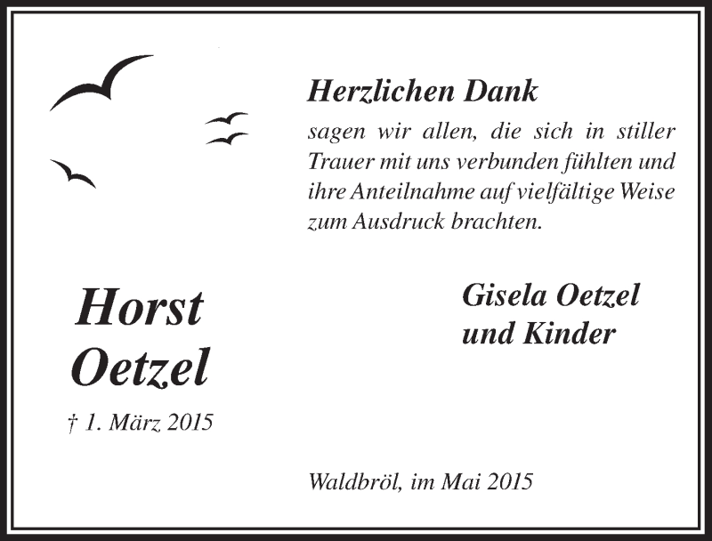  Traueranzeige für Horst Oetzel vom 06.05.2015 aus  Lokalanzeiger 