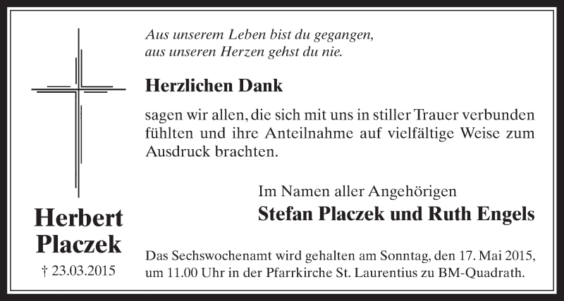  Traueranzeige für Herbert Placzek vom 06.05.2015 aus  Werbepost 