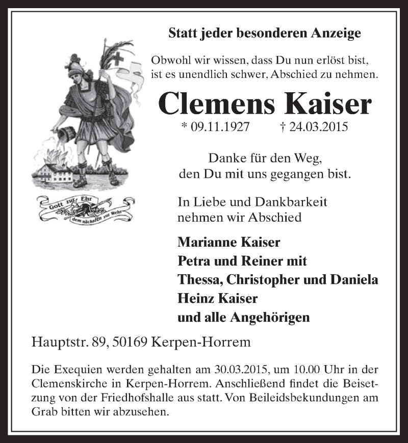  Traueranzeige für Clemens Kaiser vom 28.03.2015 aus  Sonntags-Post 