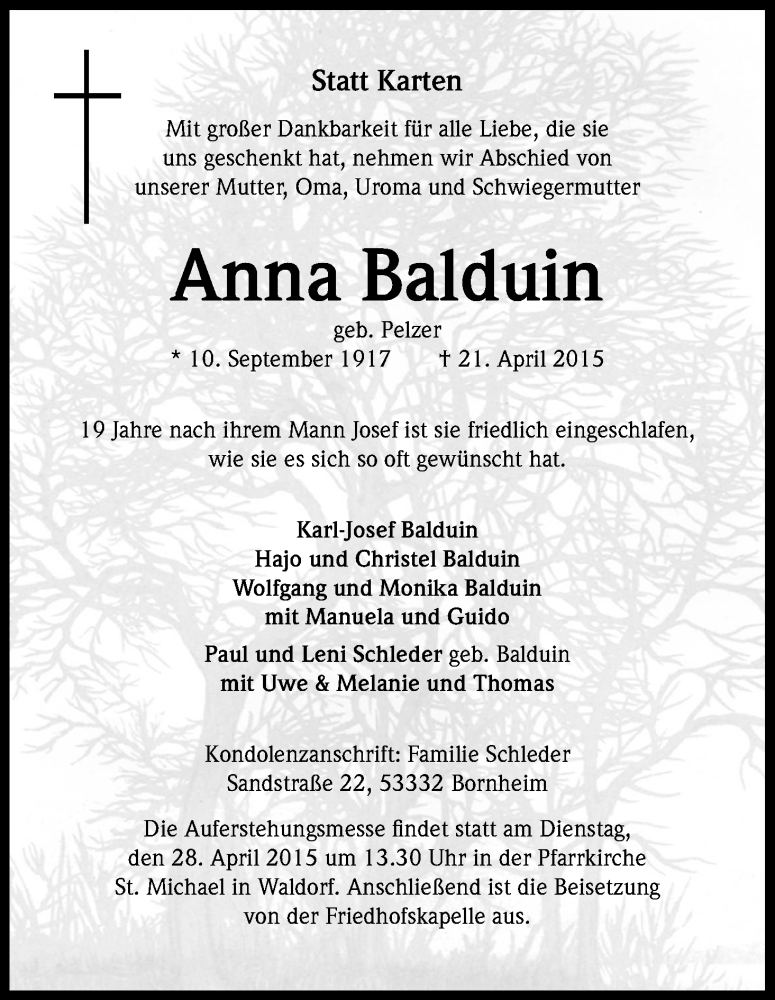  Traueranzeige für Anna Balduin vom 25.04.2015 aus Kölner Stadt-Anzeiger / Kölnische Rundschau / Express