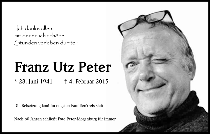  Traueranzeige für Franz Utz Peter vom 21.03.2015 aus Kölner Stadt-Anzeiger / Kölnische Rundschau / Express