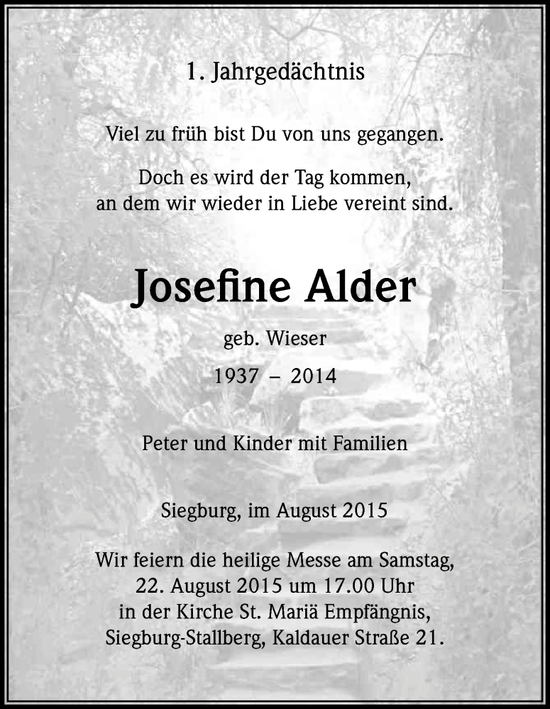  Traueranzeige für Josefine Alder vom 15.08.2015 aus Kölner Stadt-Anzeiger / Kölnische Rundschau / Express