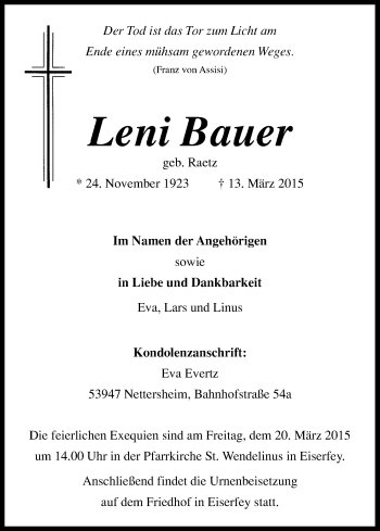 Anzeige von Leni Bauer von Kölner Stadt-Anzeiger / Kölnische Rundschau / Express