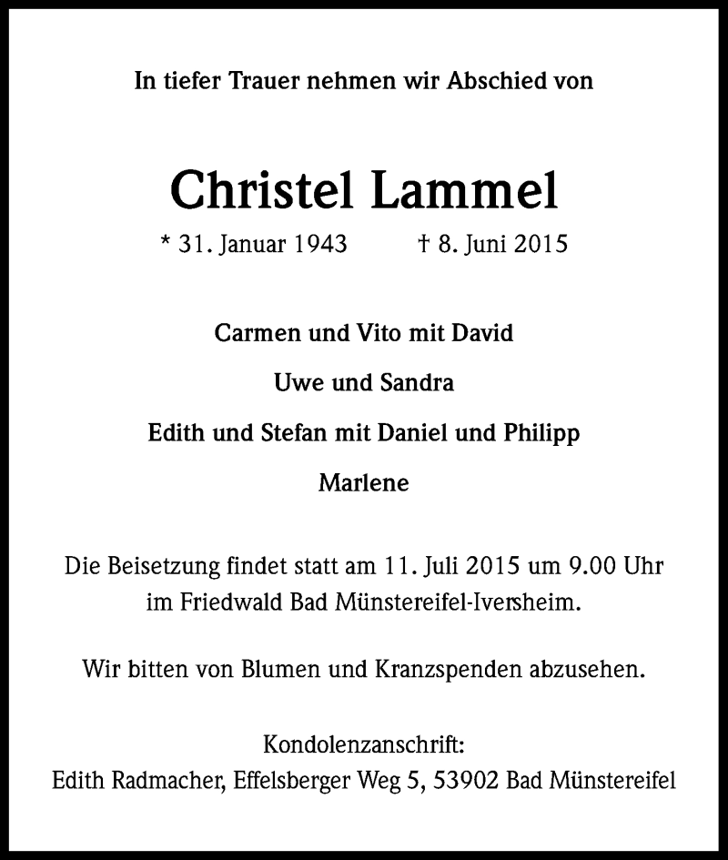  Traueranzeige für Christel Lammel vom 04.07.2015 aus Kölner Stadt-Anzeiger / Kölnische Rundschau / Express