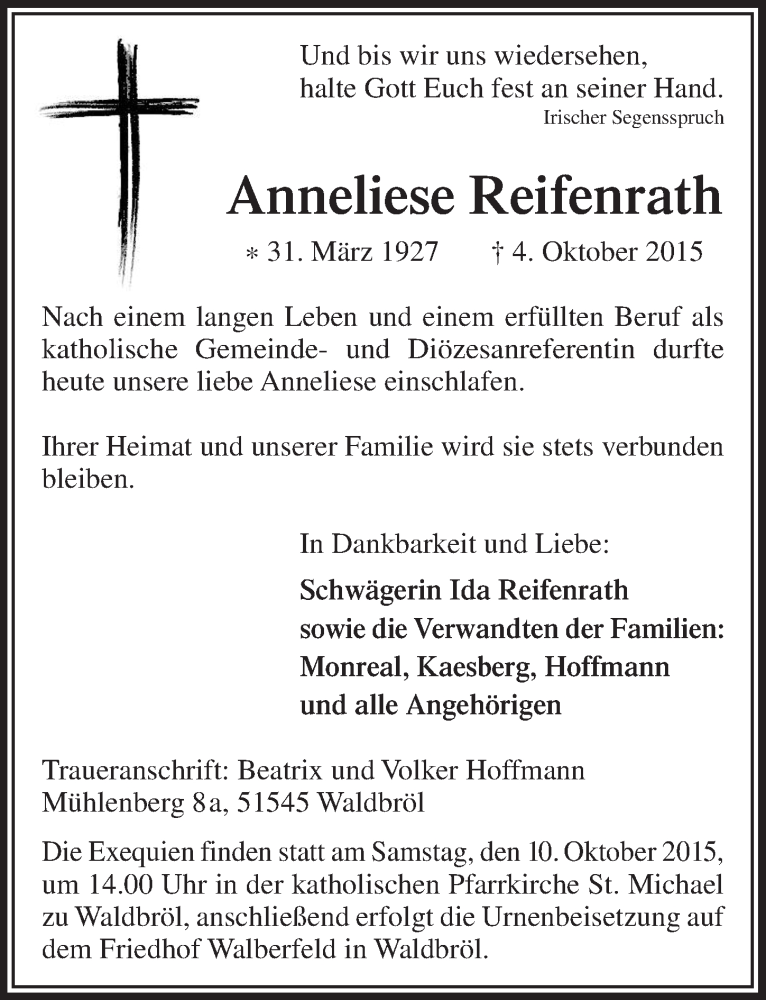  Traueranzeige für Anneliese Reifenrath vom 07.10.2015 aus  Lokalanzeiger 