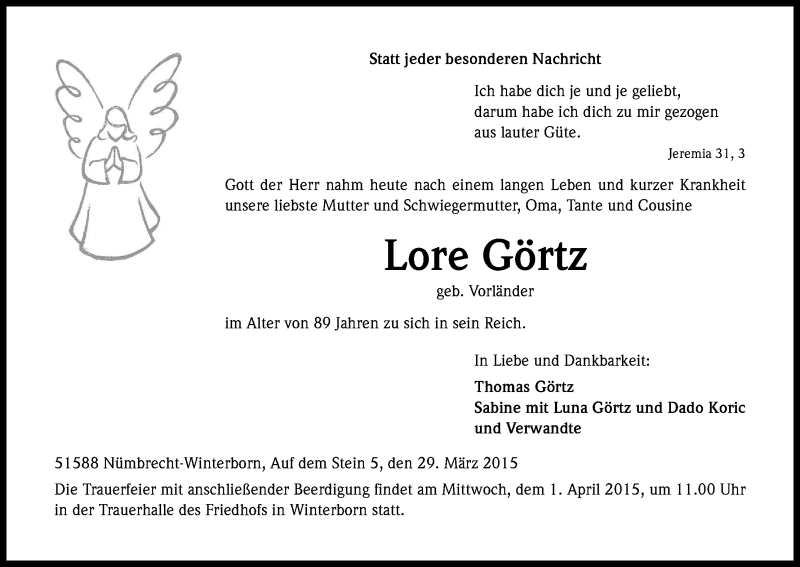  Traueranzeige für Lore Görtz vom 31.03.2015 aus Kölner Stadt-Anzeiger / Kölnische Rundschau / Express