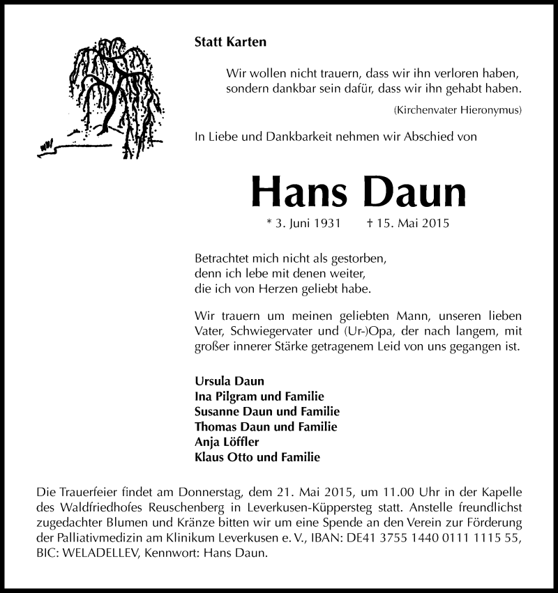  Traueranzeige für Hans Daun vom 19.05.2015 aus Kölner Stadt-Anzeiger / Kölnische Rundschau / Express