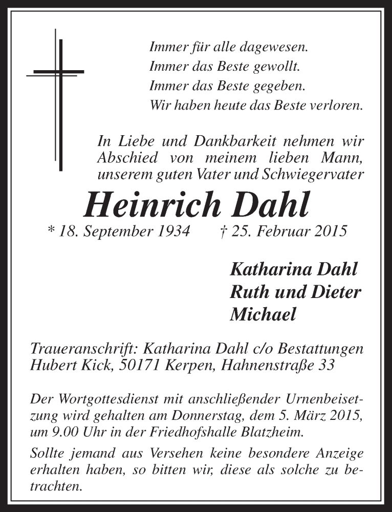  Traueranzeige für Heinrich Dahl vom 04.03.2015 aus  Werbepost 