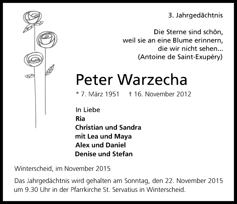  Traueranzeige für Peter Warzecha vom 16.11.2015 aus Köln - Wir Trauern