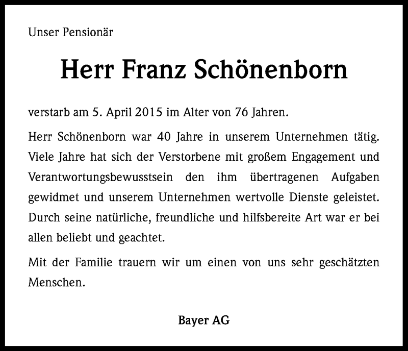  Traueranzeige für Franz Schönenborn vom 20.04.2015 aus Kölner Stadt-Anzeiger / Kölnische Rundschau / Express