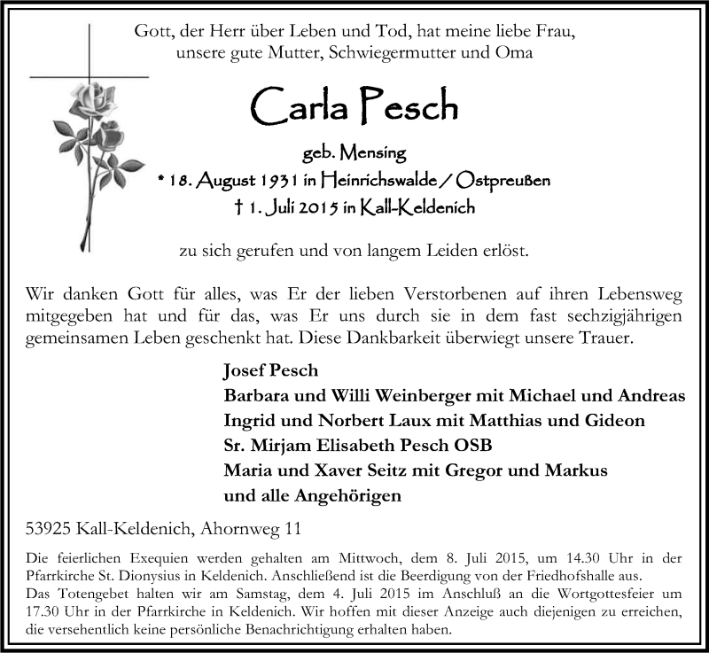  Traueranzeige für Carla Pesch vom 04.07.2015 aus Kölner Stadt-Anzeiger / Kölnische Rundschau / Express