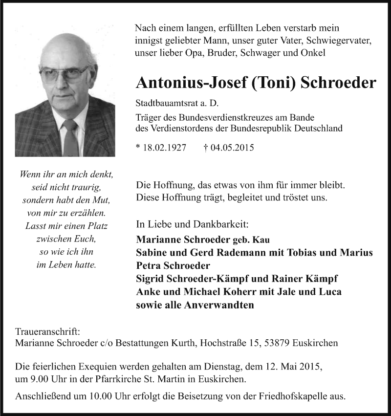  Traueranzeige für Antonius-Josef Schroeder vom 09.05.2015 aus Kölner Stadt-Anzeiger / Kölnische Rundschau / Express