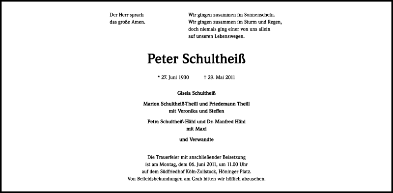  Traueranzeige für Peter Schultheiß vom 01.06.2011 aus Kölner Stadt-Anzeiger / Kölnische Rundschau / Express
