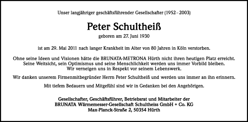  Traueranzeige für Peter Schultheiß vom 01.06.2011 aus Kölner Stadt-Anzeiger / Kölnische Rundschau / Express