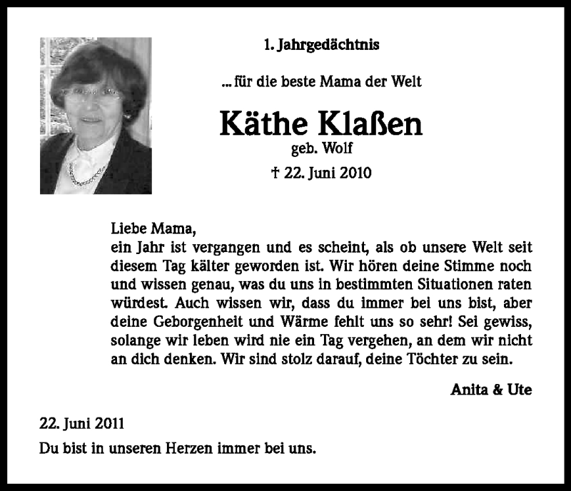  Traueranzeige für Käthe Klaßen vom 25.06.2011 aus Kölner Stadt-Anzeiger / Kölnische Rundschau / Express