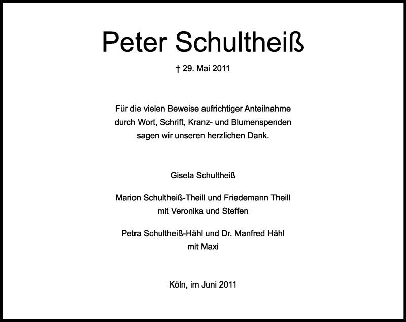  Traueranzeige für Peter Schultheiß vom 25.06.2011 aus Kölner Stadt-Anzeiger / Kölnische Rundschau / Express