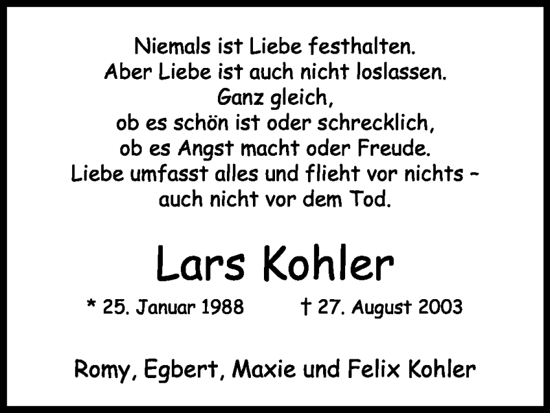  Traueranzeige für Lars Kohler vom 27.08.2011 aus Kölner Stadt-Anzeiger / Kölnische Rundschau / Express