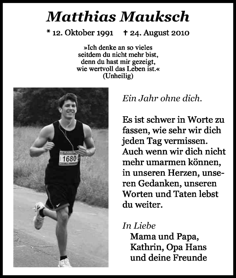  Traueranzeige für Matthias Mauksch vom 24.08.2011 aus Kölner Stadt-Anzeiger / Kölnische Rundschau / Express