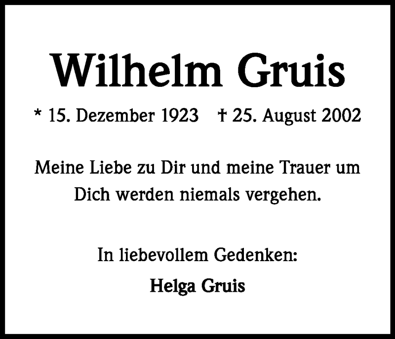  Traueranzeige für Wilhelm Gruis vom 25.08.2011 aus Kölner Stadt-Anzeiger / Kölnische Rundschau / Express