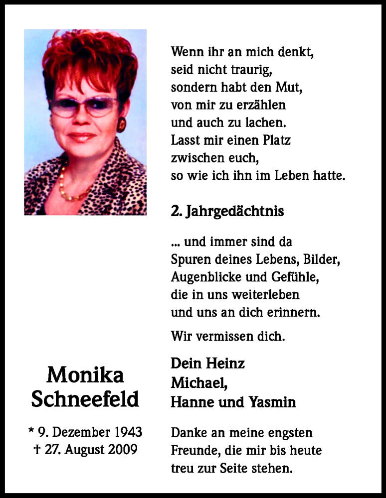  Traueranzeige für Monika Schneefeld vom 27.08.2011 aus Kölner Stadt-Anzeiger / Kölnische Rundschau / Express