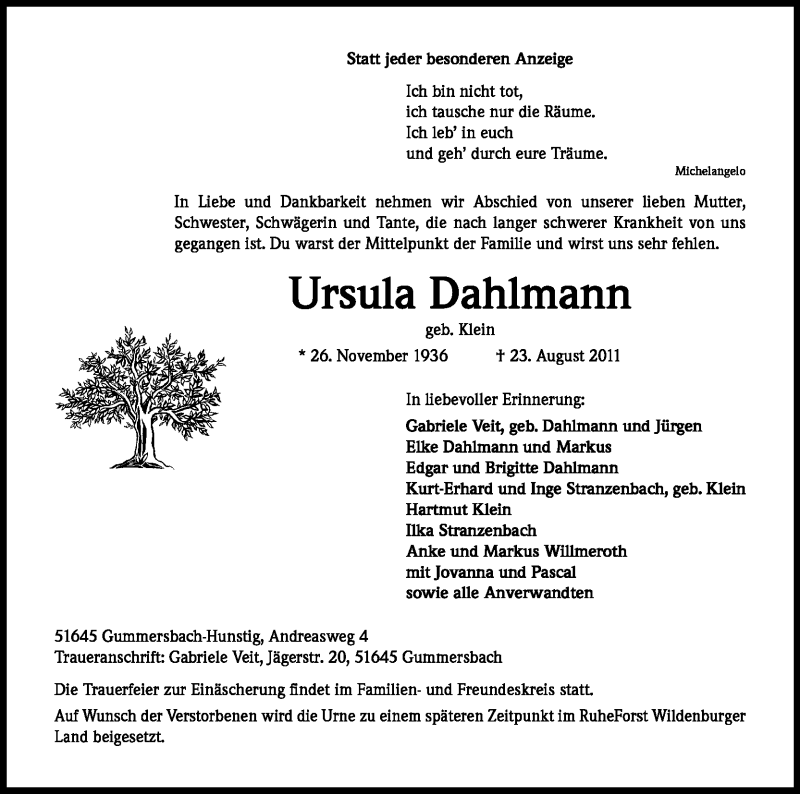  Traueranzeige für Ursula Dahlmann vom 25.08.2011 aus Kölner Stadt-Anzeiger / Kölnische Rundschau / Express