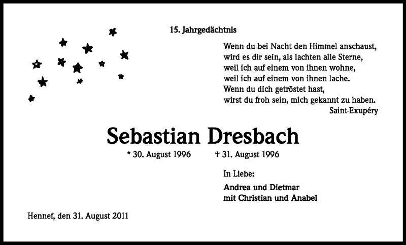  Traueranzeige für Sebastian Dresbach vom 31.08.2011 aus Kölner Stadt-Anzeiger / Kölnische Rundschau / Express