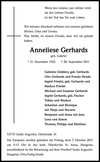 Anzeige von Anneliese Gerhards von Kölner Stadt-Anzeiger / Kölnische Rundschau / Express