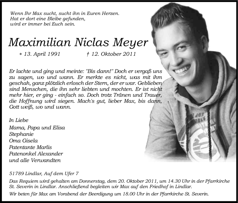  Traueranzeige für Maximilian Niclas Meyer vom 18.10.2011 aus Kölner Stadt-Anzeiger / Kölnische Rundschau / Express