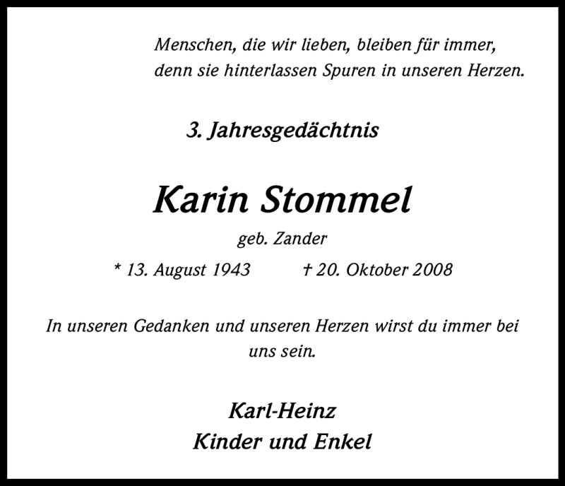  Traueranzeige für Karin Stommel vom 20.10.2011 aus Kölner Stadt-Anzeiger / Kölnische Rundschau / Express