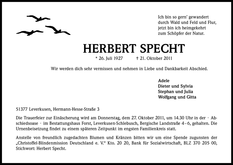  Traueranzeige für Herbert Specht vom 25.10.2011 aus Kölner Stadt-Anzeiger / Kölnische Rundschau / Express