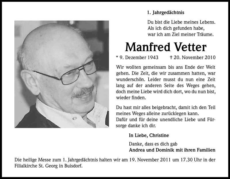  Traueranzeige für Manfred Vetter vom 19.11.2011 aus Kölner Stadt-Anzeiger / Kölnische Rundschau / Express