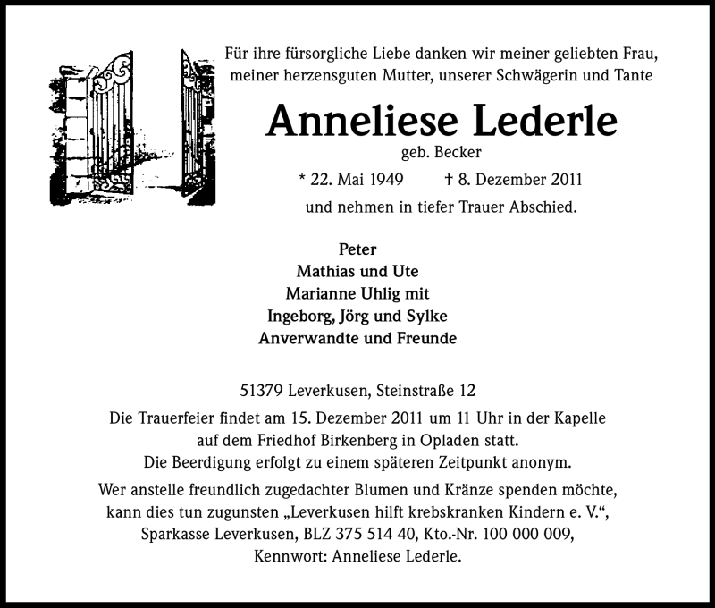  Traueranzeige für Anneliese Lederle vom 10.12.2011 aus Kölner Stadt-Anzeiger / Kölnische Rundschau / Express