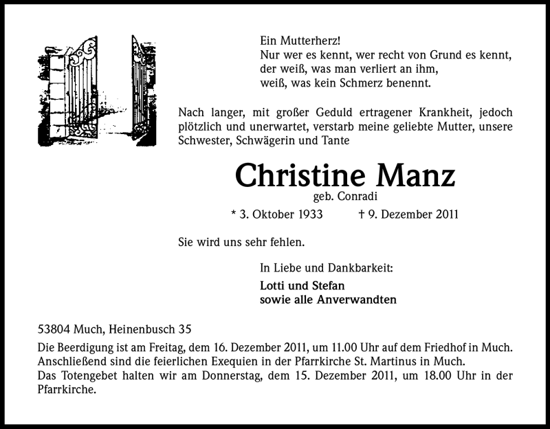  Traueranzeige für Christine Manz vom 13.12.2011 aus Kölner Stadt-Anzeiger / Kölnische Rundschau / Express