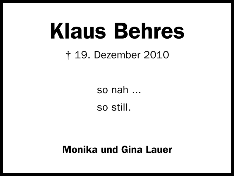  Traueranzeige für Klaus Behres vom 19.12.2011 aus Kölner Stadt-Anzeiger / Kölnische Rundschau / Express