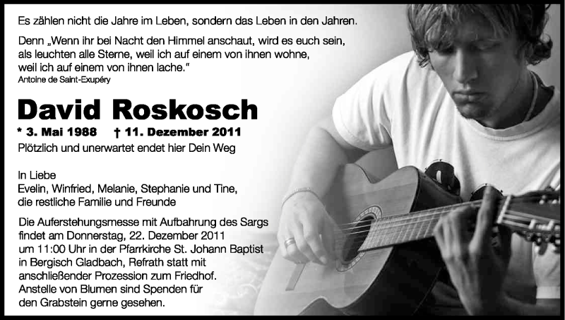  Traueranzeige für David Roskosch vom 17.12.2011 aus Kölner Stadt-Anzeiger / Kölnische Rundschau / Express