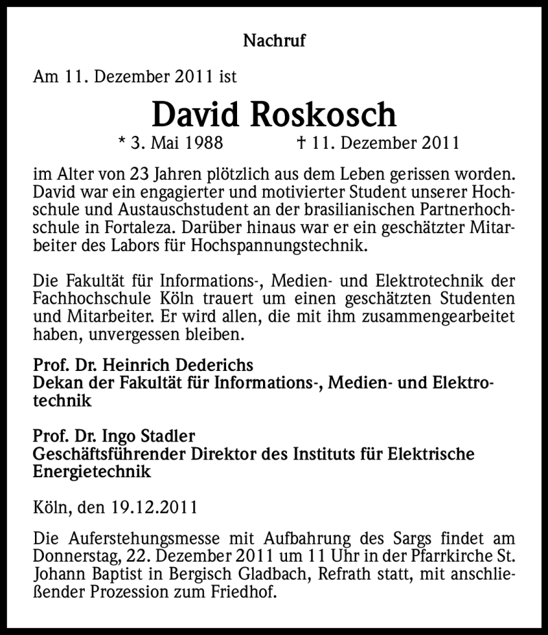  Traueranzeige für David Roskosch vom 20.12.2011 aus Kölner Stadt-Anzeiger / Kölnische Rundschau / Express