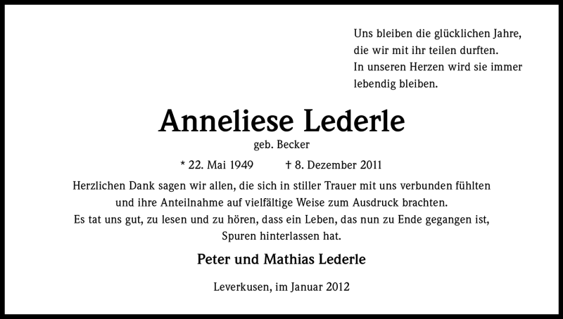  Traueranzeige für Anneliese Lederle vom 07.01.2012 aus Kölner Stadt-Anzeiger / Kölnische Rundschau / Express