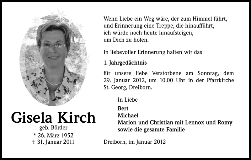  Traueranzeige für Gisela Kirch vom 21.01.2012 aus Kölner Stadt-Anzeiger / Kölnische Rundschau / Express