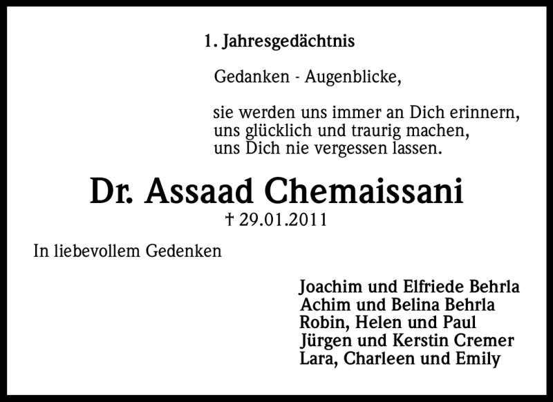  Traueranzeige für Assaad Chemaissani vom 28.01.2012 aus Kölner Stadt-Anzeiger / Kölnische Rundschau / Express