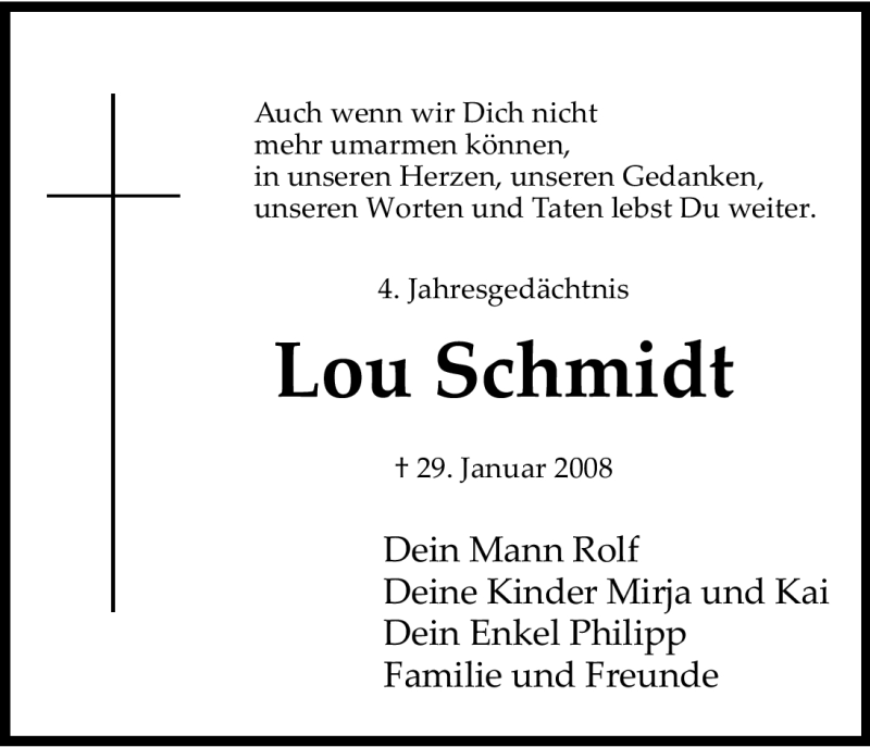  Traueranzeige für Lou Schmidt vom 28.01.2012 aus Kölner Stadt-Anzeiger / Kölnische Rundschau / Express