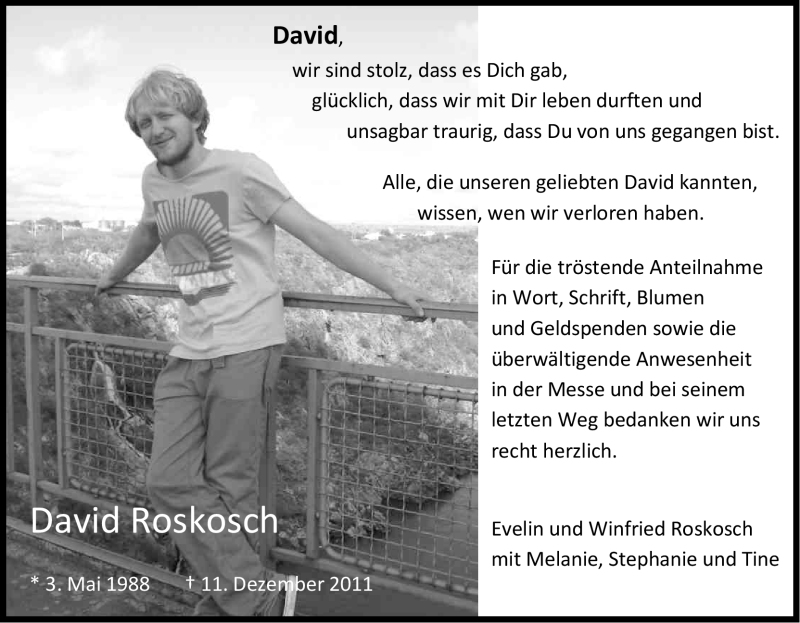  Traueranzeige für David Roskosch vom 28.01.2012 aus Kölner Stadt-Anzeiger / Kölnische Rundschau / Express
