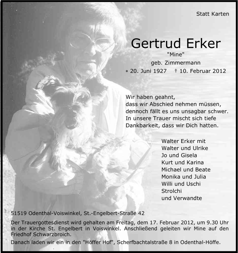 Traueranzeige für Gertrud Erker vom 15.02.2012 aus Kölner Stadt-Anzeiger / Kölnische Rundschau / Express