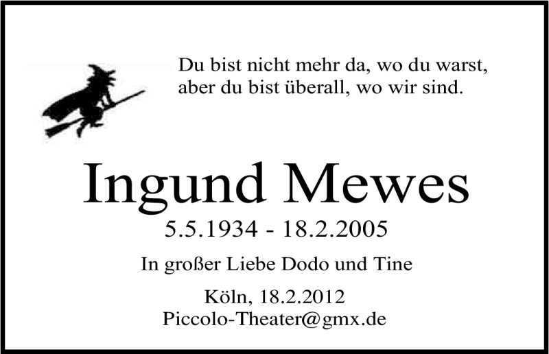  Traueranzeige für Ingund Mewes vom 18.02.2012 aus Kölner Stadt-Anzeiger / Kölnische Rundschau / Express